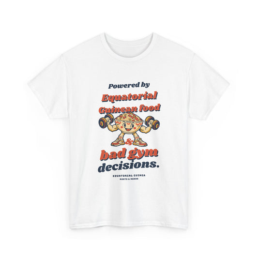 Equatorial Guinea Bad Gym Decisions T-Shirt — White — front retro food-lifter artwork by Roots & Roads