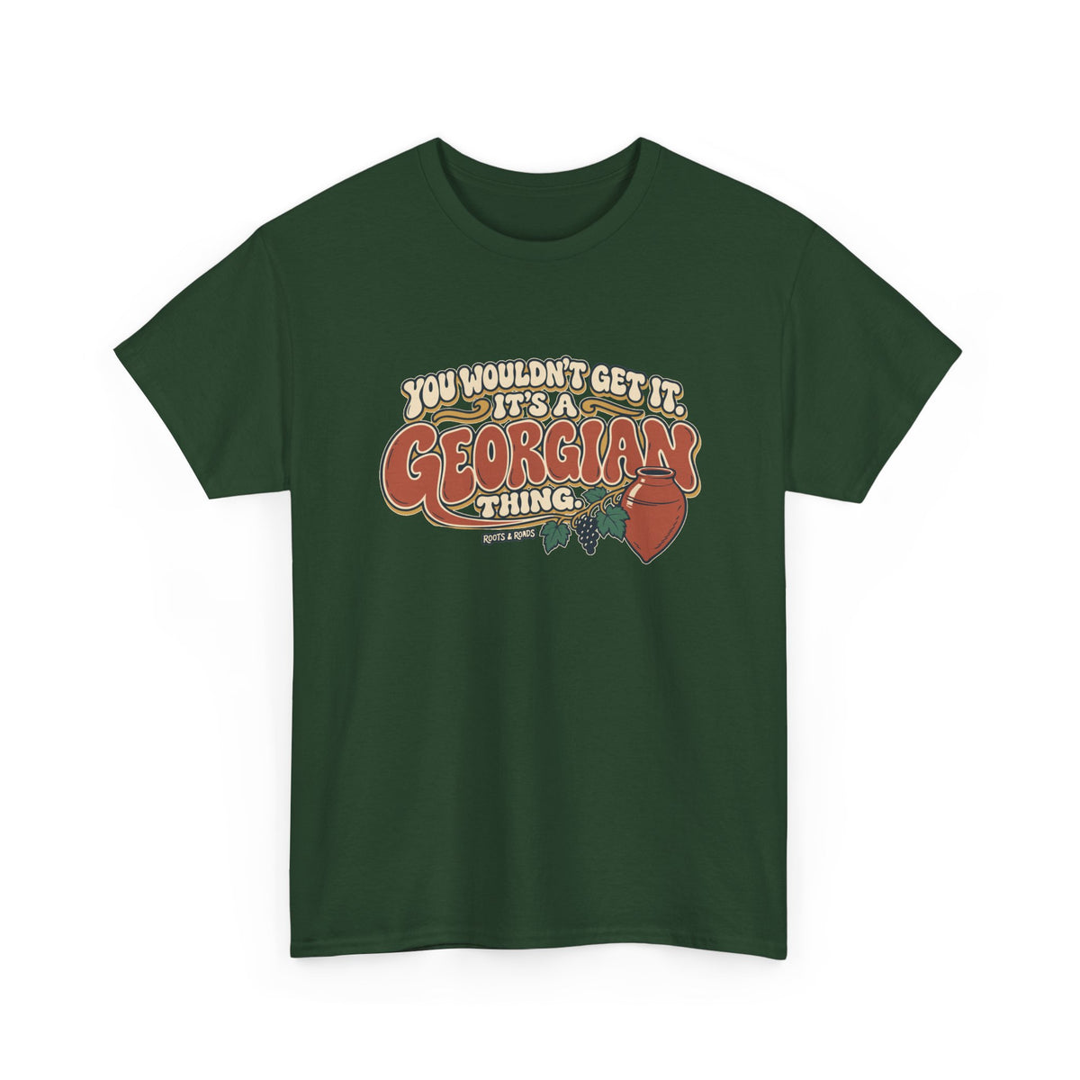 Forest Green Georgia Georgian Thing T-shirt, draped front view, with oversized retro lettering, a qvevri vessel and grapevine.