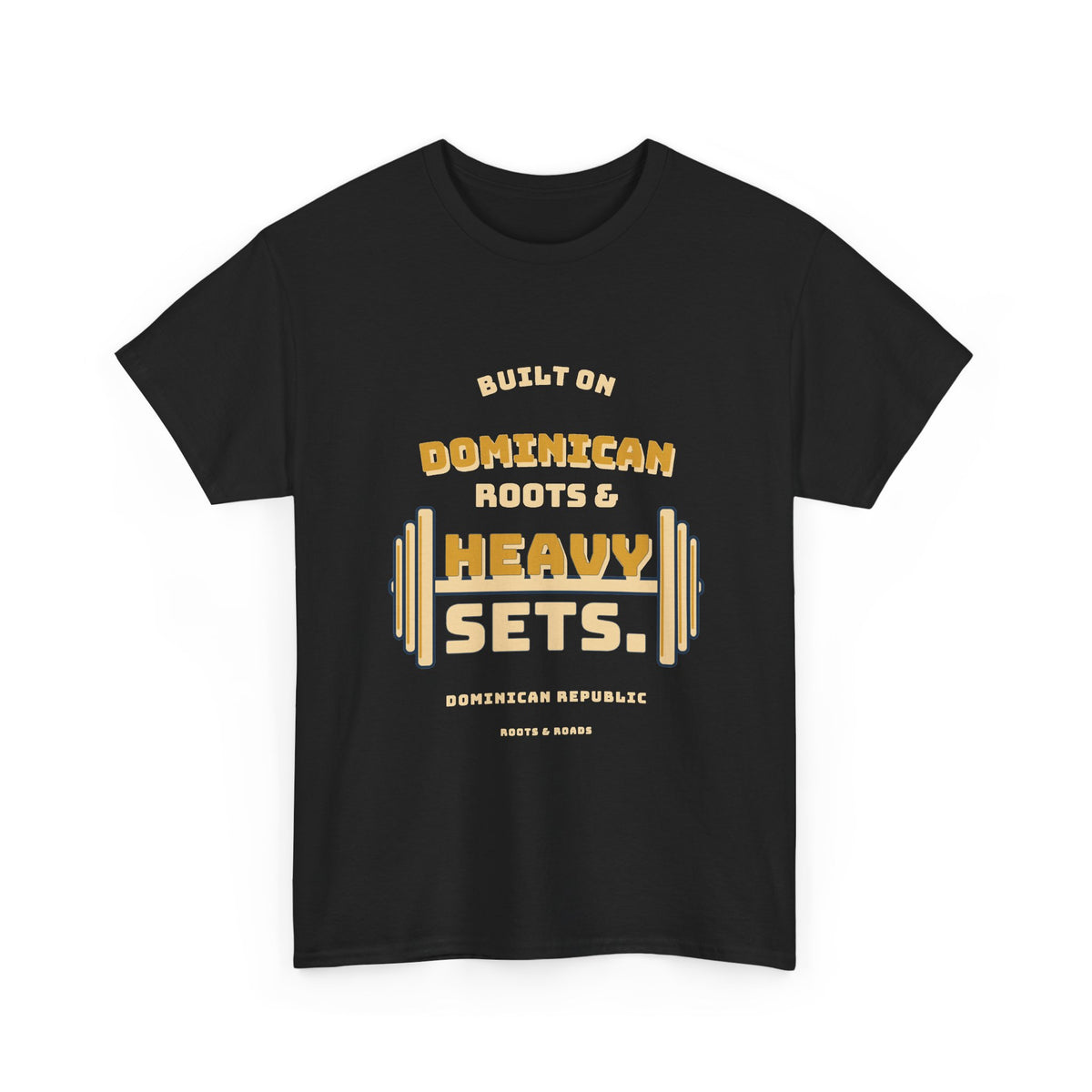 Dominican Republic Heavy Sets Gym T-Shirt in Black, front view with vintage strength-club lettering and an integrated barbell.