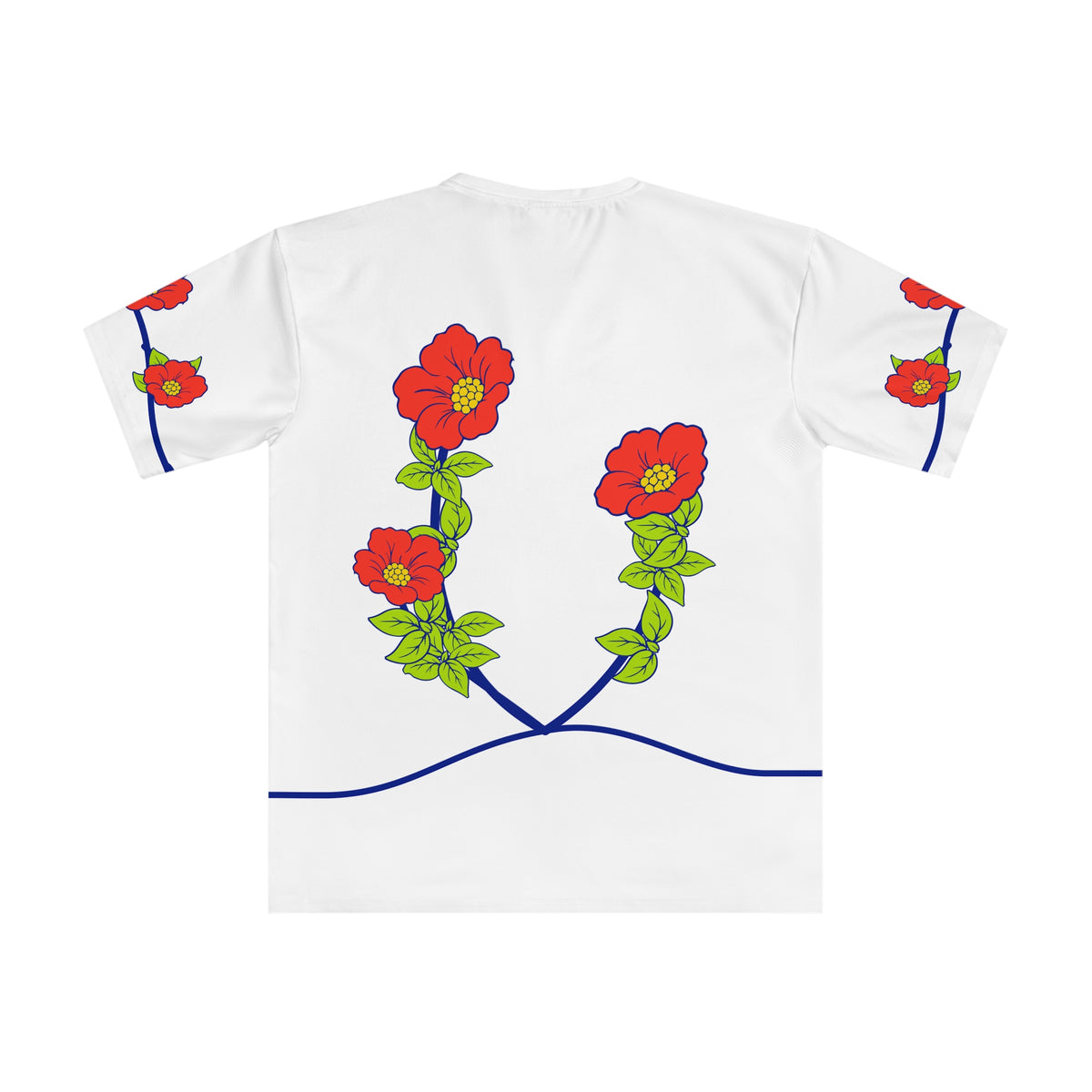 Back of the Roots & Roads Portuguese T-shirt with coral flowers, lime herb leaves and branching cobalt stems on white.