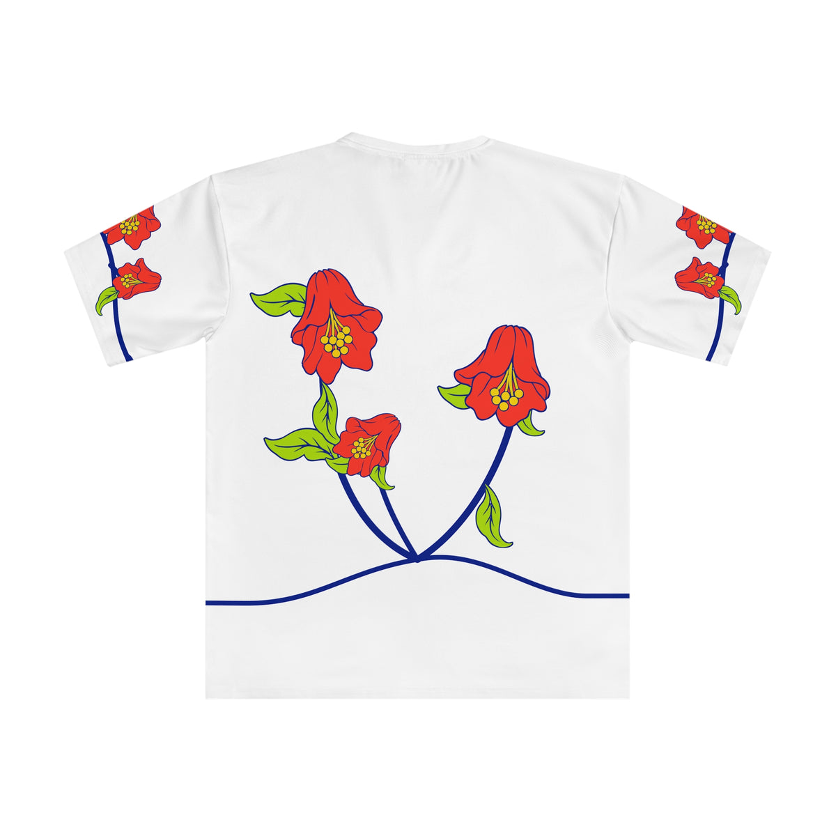 Back of the Roots & Roads Hindi T-shirt with coordinated coral flowers, lime leaves and flowing cobalt stems on white.