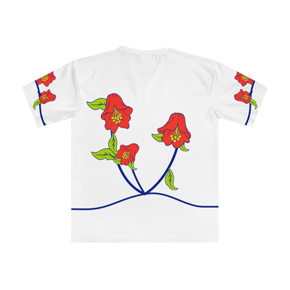 Back of the Roots & Roads Hindi T-shirt with coordinated coral flowers, lime leaves and flowing cobalt stems on white.