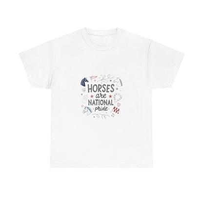 Front view of the Turkmenistan Horses in Our Heritage T-Shirt