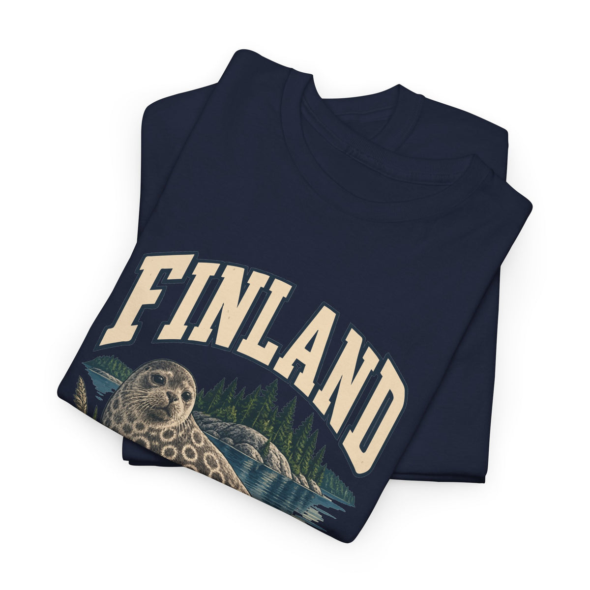 Folded Navy Finland Fresh Prints T-shirt showing cream FINLAND lettering and the upper part of its country illustration.