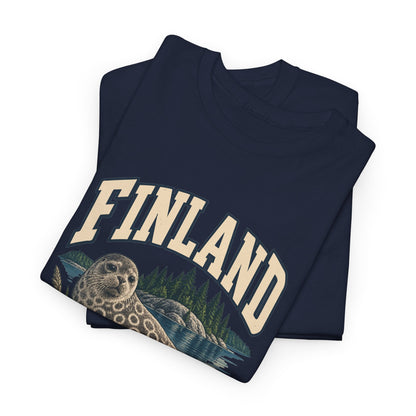 Folded Navy Finland Fresh Prints T-shirt showing cream FINLAND lettering and the upper part of its country illustration.