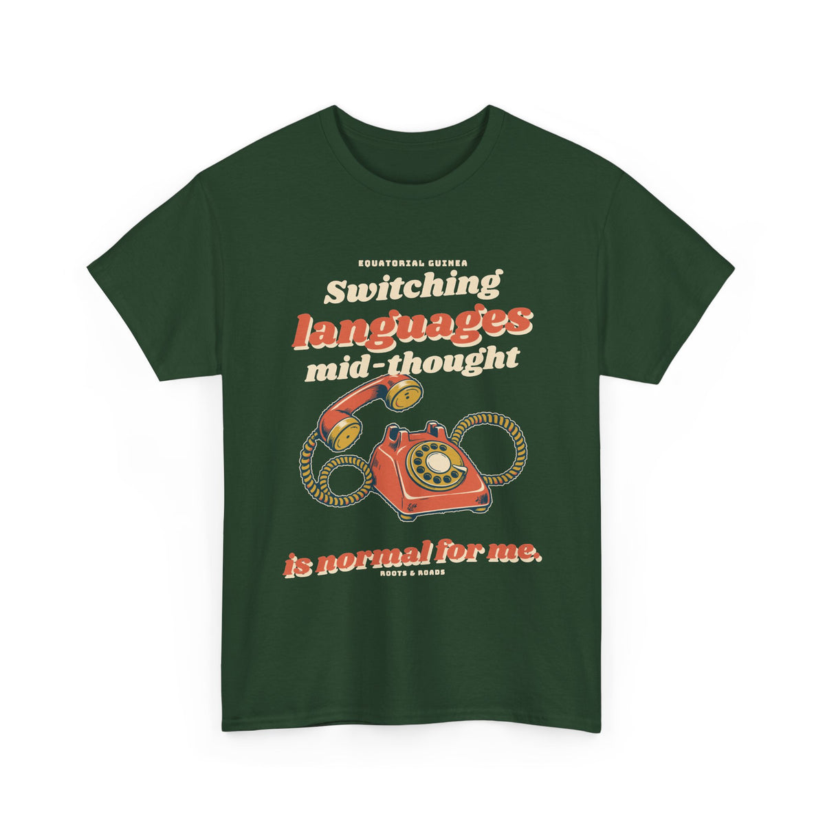 Equatorial Guinea Switching Languages T-Shirt — Forest Green — front retro telephone artwork by Roots & Roads