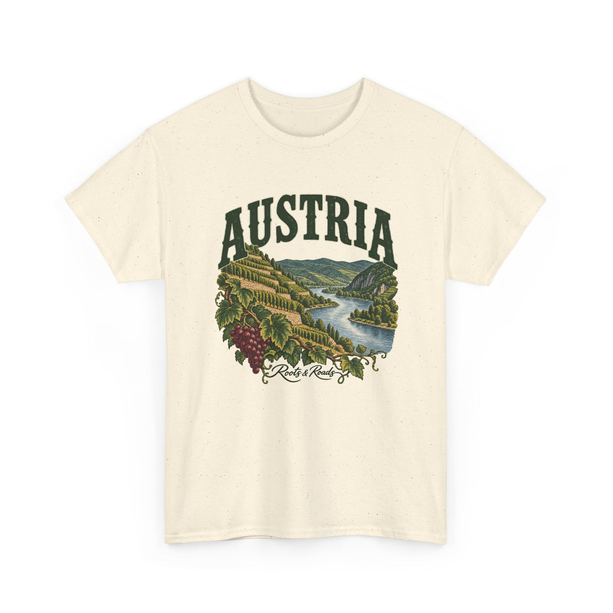 Front view of a Natural Gildan 5000 T-shirt with forest-green AUSTRIA lettering, terraced vineyards beside a river, grape leaves and a burgundy grape cluster.