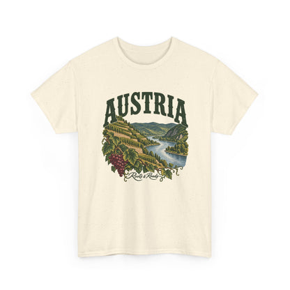 Front view of a Natural Gildan 5000 T-shirt with forest-green AUSTRIA lettering, terraced vineyards beside a river, grape leaves and a burgundy grape cluster.