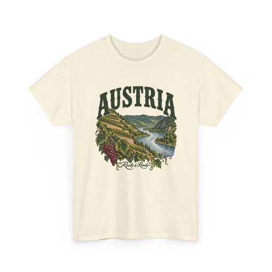 Front view of a Natural Gildan 5000 T-shirt with forest-green AUSTRIA lettering, terraced vineyards beside a river, grape leaves and a burgundy grape cluster.