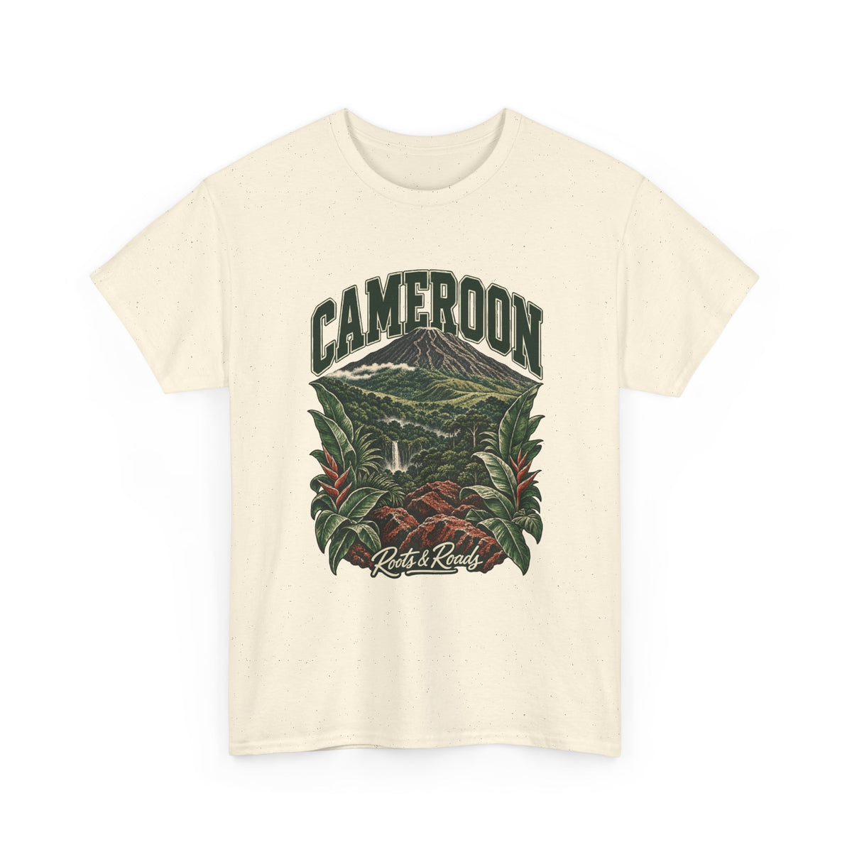 Front view of a Natural Gildan 5000 T-shirt with green CAMEROON lettering above a forested volcano, waterfall, red rocks and broad tropical leaves, finished with Roots & Roads script.