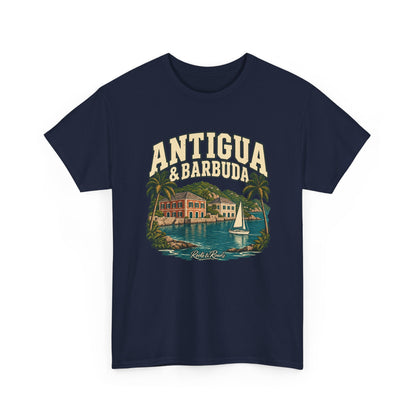 Front view of a Navy Gildan 5000 T-shirt with cream ANTIGUA & BARBUDA lettering above a sailboat, teal harbour, waterfront buildings, palms, and Roots & Roads script.