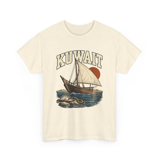 Front view of a Natural Gildan 5000 T-shirt with cream KUWAIT lettering with a dark outline, a dhow-style sailing boat, patterned waves, a pearl shell and coiled rope, and Roots & Roads script.