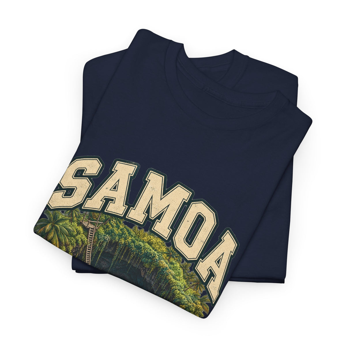 Folded navy Gildan 5000 Samoa Fresh Prints T-shirt showing cream SAMOA lettering and the To-Sua Ocean Trench illustration.