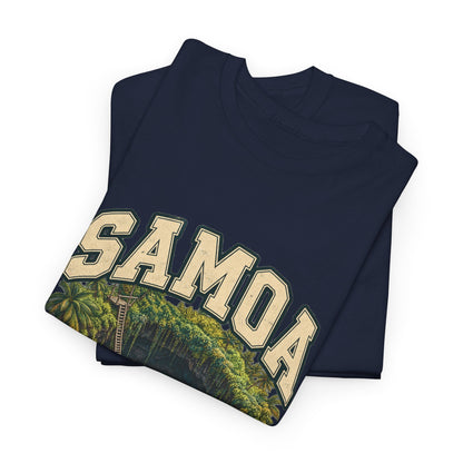 Folded navy Gildan 5000 Samoa Fresh Prints T-shirt showing cream SAMOA lettering and the To-Sua Ocean Trench illustration.