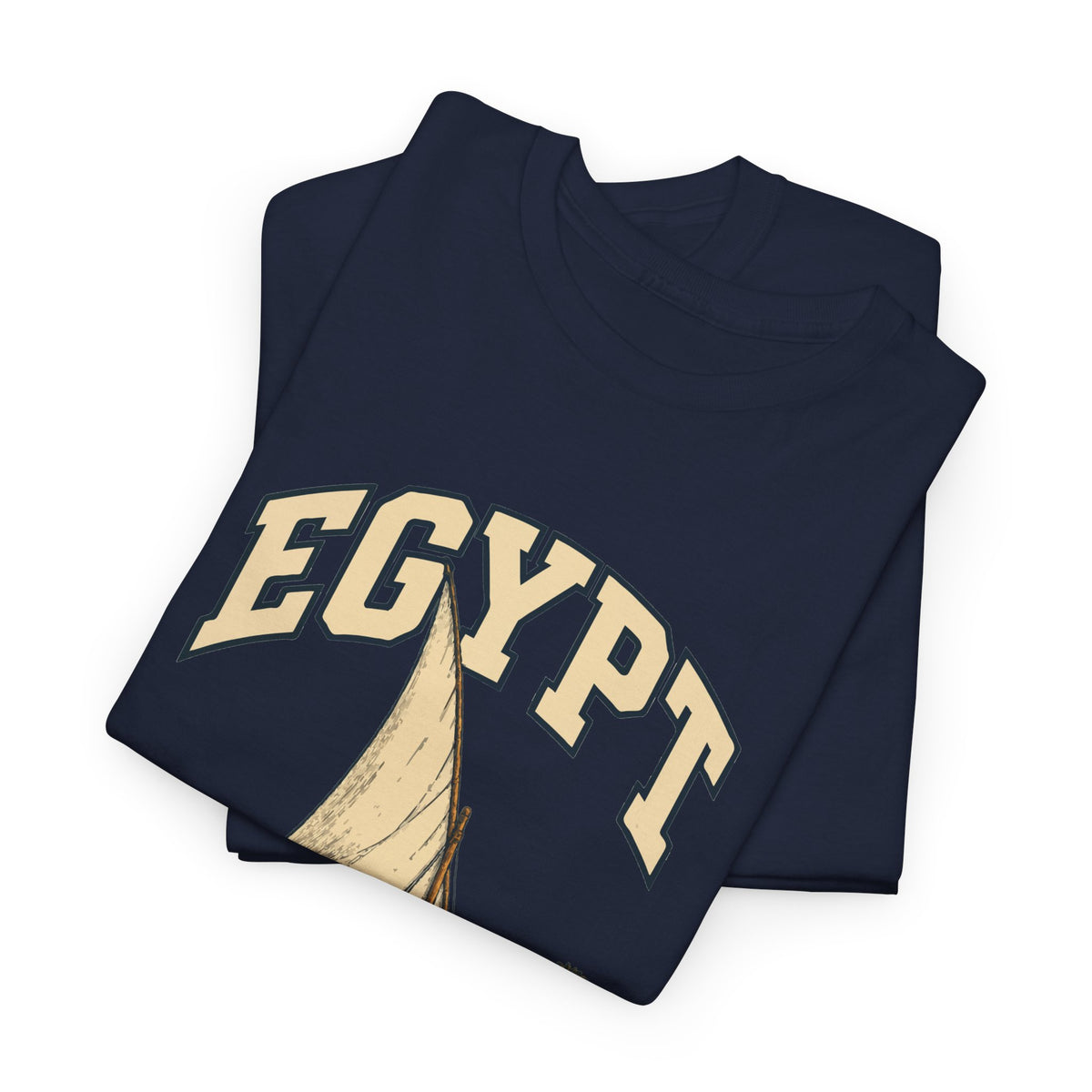 Folded Navy Egypt Fresh Prints T-shirt showing cream EGYPT lettering and the upper part of its country illustration.
