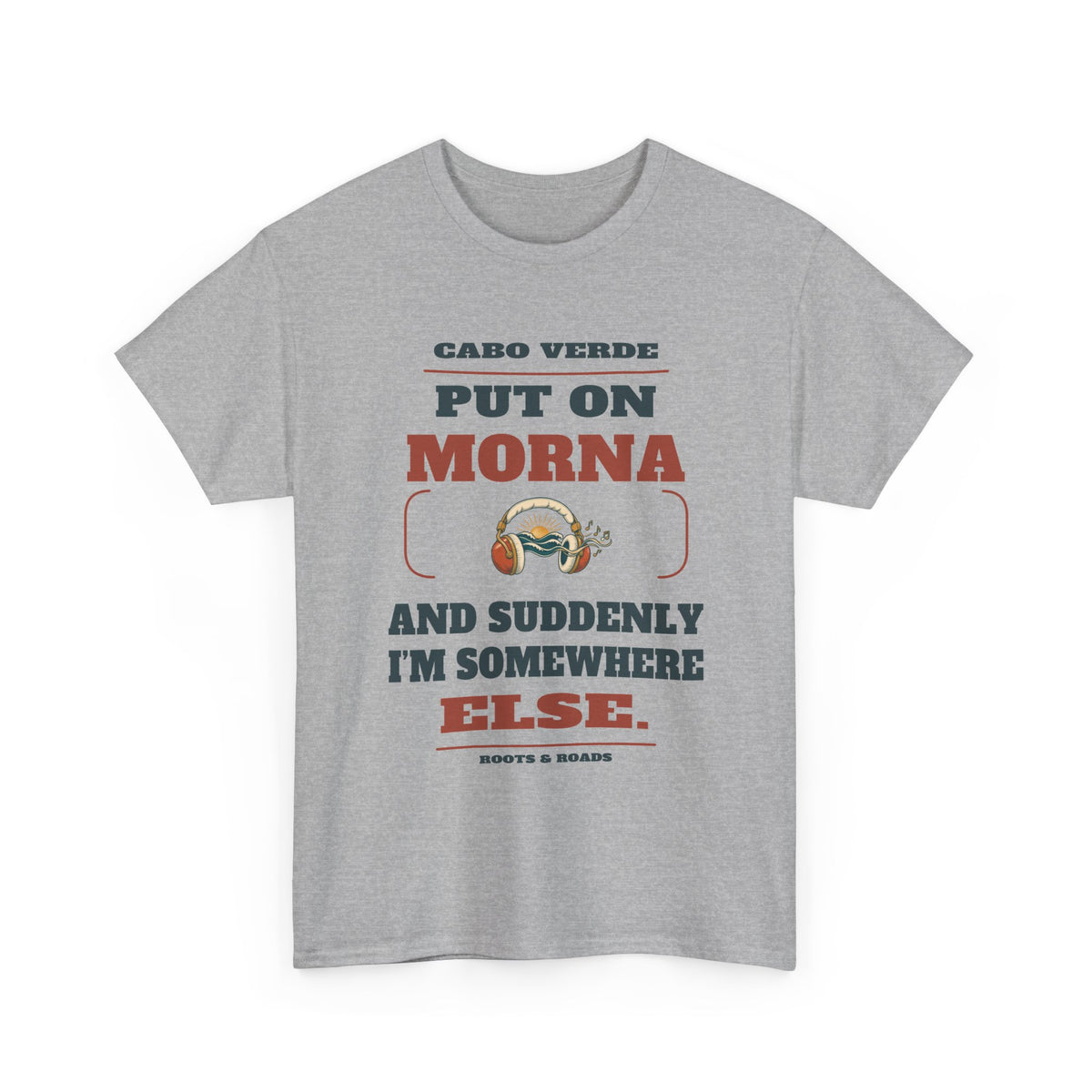 Front view of Cabo Verde Morna Memories T-Shirt in Sport Grey, showing the Roots & Roads printed design.