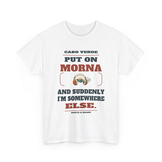 Front view of Cabo Verde Morna Memories T-Shirt in White, showing the Roots & Roads printed design.