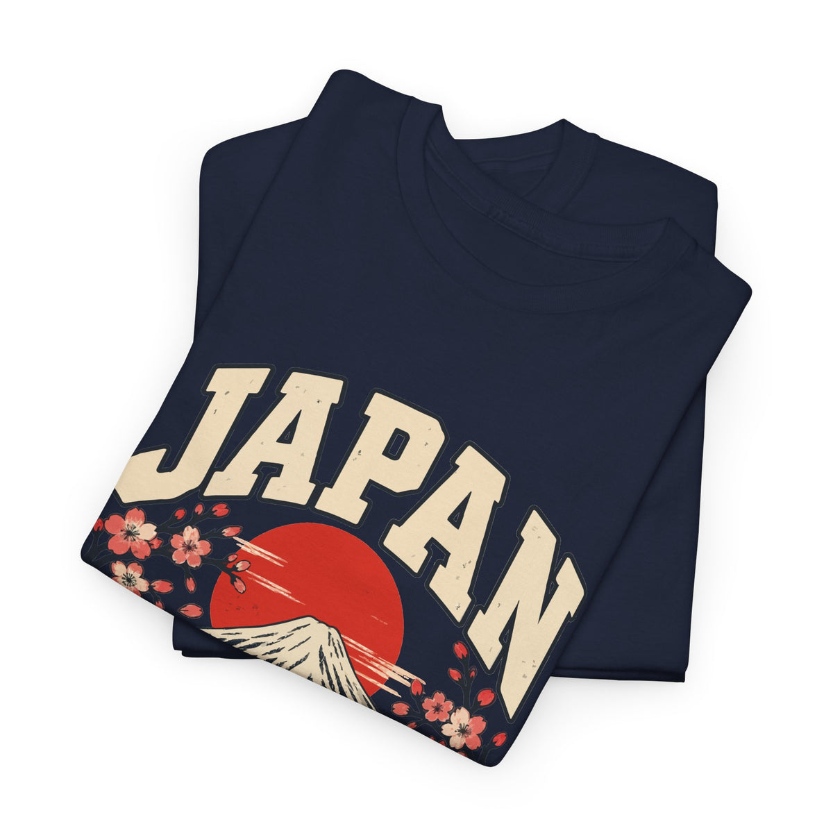 Folded navy Gildan 5000 T-shirt showing part of the Japan Fresh Prints artwork; product-only supplier mockup.