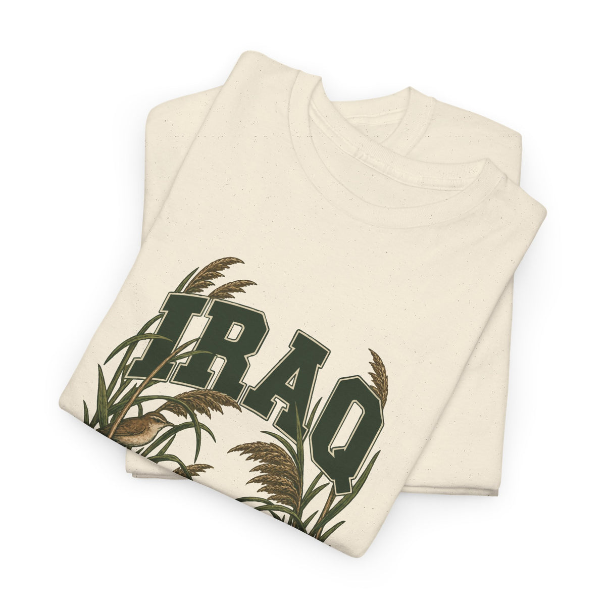 Folded Natural Iraq Fresh Prints T-shirt showing deep-green country lettering and part of the illustration.