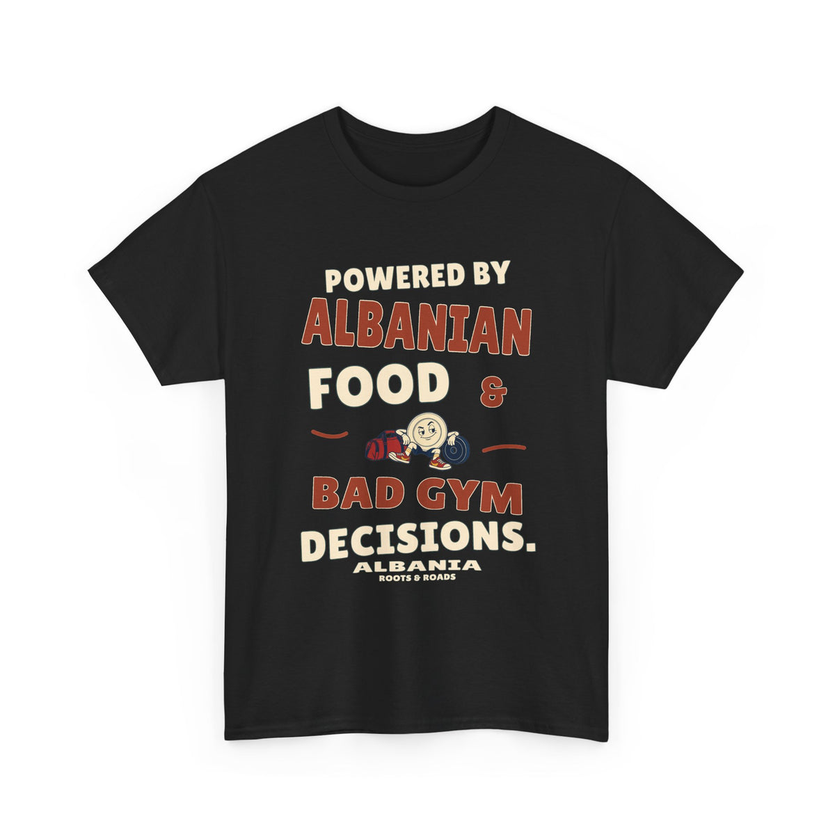 Black Albania Bad Gym Decisions T-Shirt with plate mascot, gym bag and the quote Powered by Albanian food & bad gym decisions.