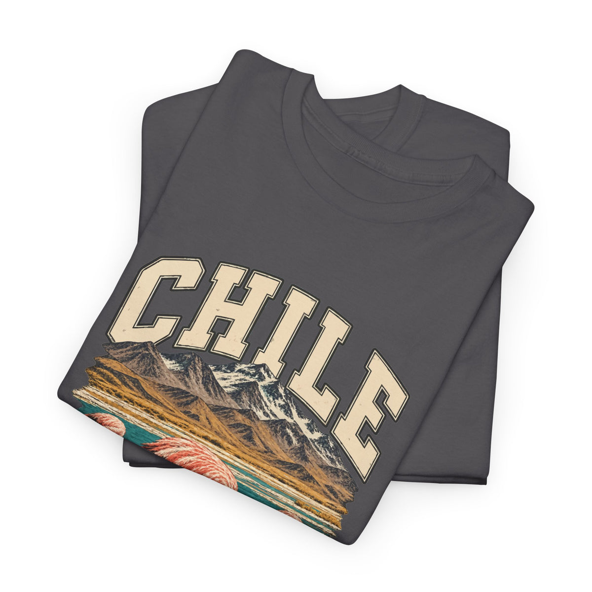 Folded Charcoal Chile Fresh Prints T-shirt showing cream CHILE lettering above mountain ridges and a blue salt lagoon.