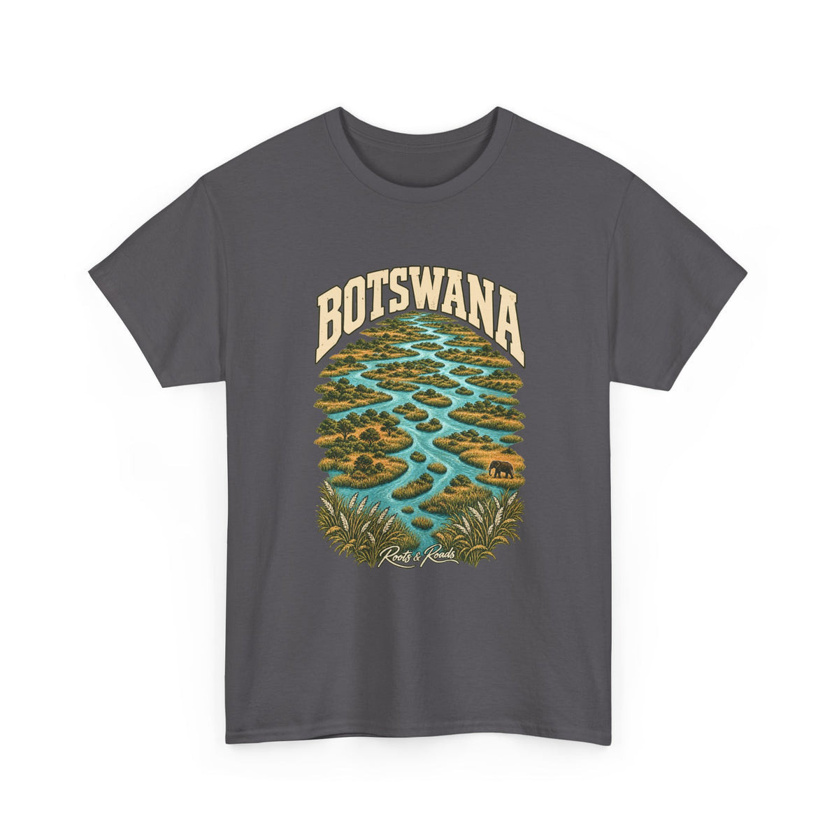Front view of a Charcoal Gildan 5000 T-shirt with cream BOTSWANA lettering above turquoise delta channels, golden reed islands and a small elephant, with Roots & Roads script.