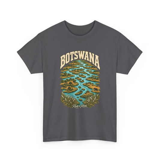 Front view of a Charcoal Gildan 5000 T-shirt with cream BOTSWANA lettering above turquoise delta channels, golden reed islands and a small elephant, with Roots & Roads script.