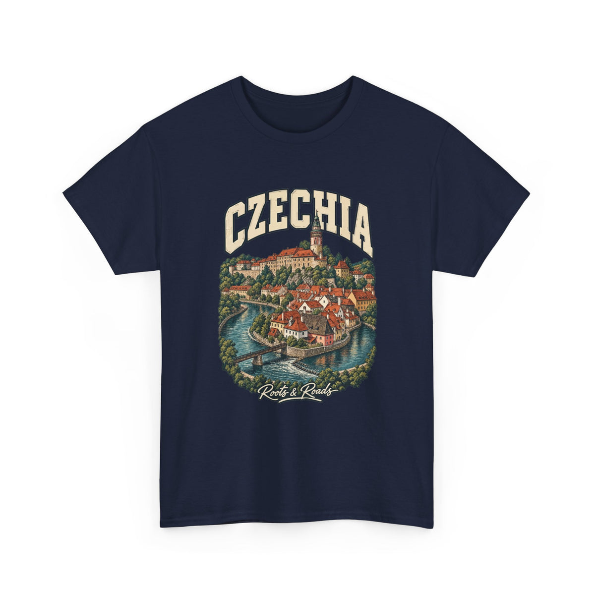 Front view of a Navy Gildan 5000 T-shirt with cream CZECHIA lettering, red-roofed buildings, a castle tower, a bridge, river bend and Roots & Roads script.