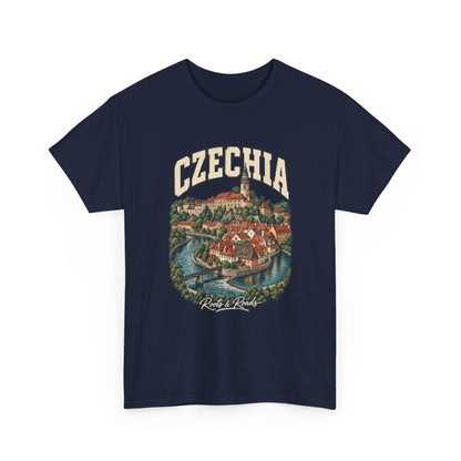 Front view of a Navy Gildan 5000 T-shirt with cream CZECHIA lettering, red-roofed buildings, a castle tower, a bridge, river bend and Roots & Roads script.