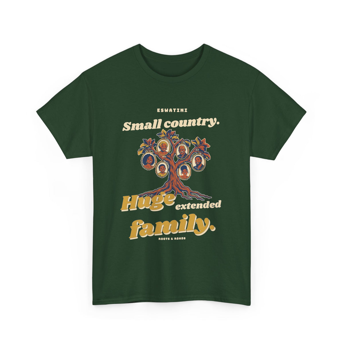 Forest Green Eswatini Extended Family T-Shirt with a branching family tree, portraits and bold vintage lettering, front view.