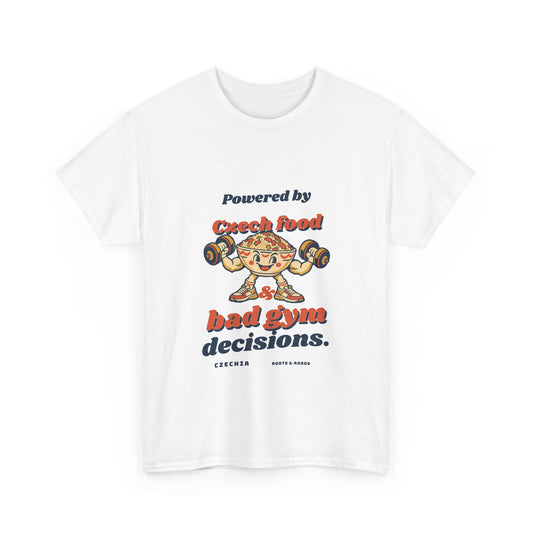 Czechia Bad Gym Decisions T-Shirt in White, with retro Czech food lettering and a food-bowl weightlifter by Roots & Roads.