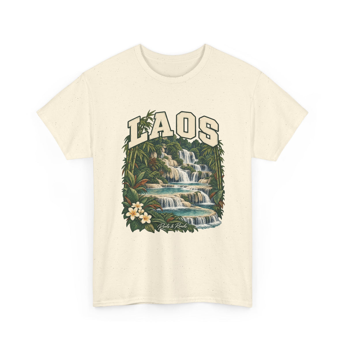 Front view of a Natural Gildan 5000 T-shirt with cream LAOS lettering with a dark-green outline, tiered turquoise waterfalls, bamboo, broad leaves and pale flowers, and Roots & Roads script.