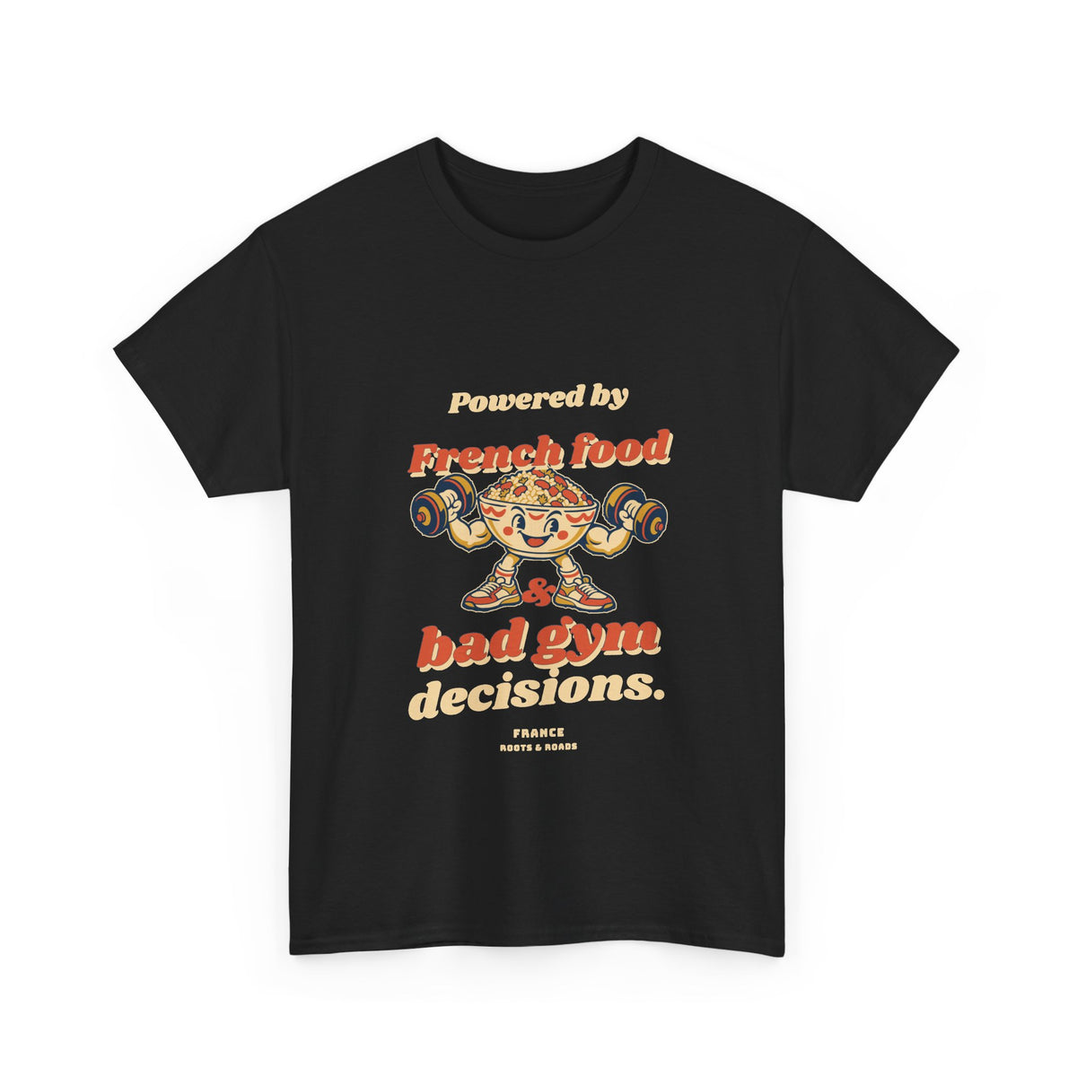 France Bad Gym Decisions T-Shirt in Black — front retro French food lettering and a playful food character lifting weights.