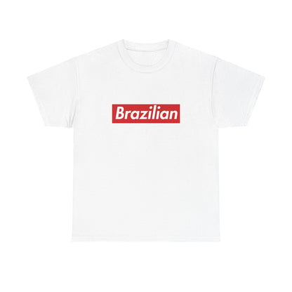 White T-shirt with a red rectangular Brazilian wordmark in white italic lettering