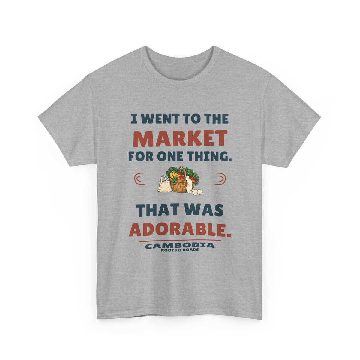 Front view of Cambodia One Thing at the Market T-Shirt in Sport Grey, showing the Roots & Roads printed design.