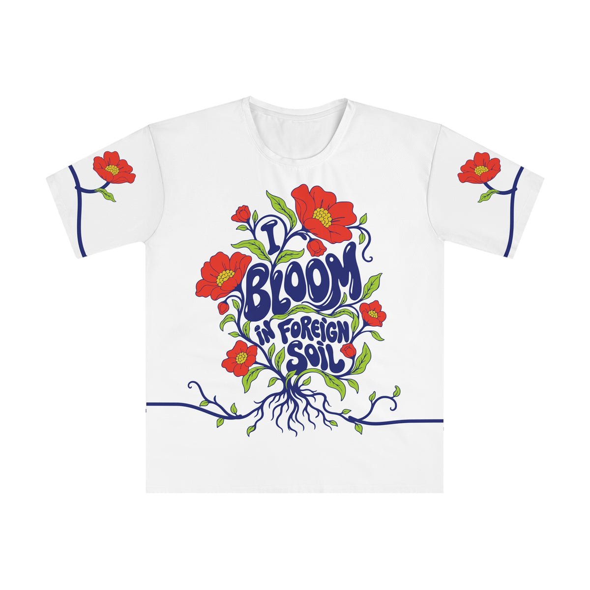 Front of the I bloom in foreign soil all-over-print T-shirt with cobalt lettering, coral flowers, roots and sleeve artwork