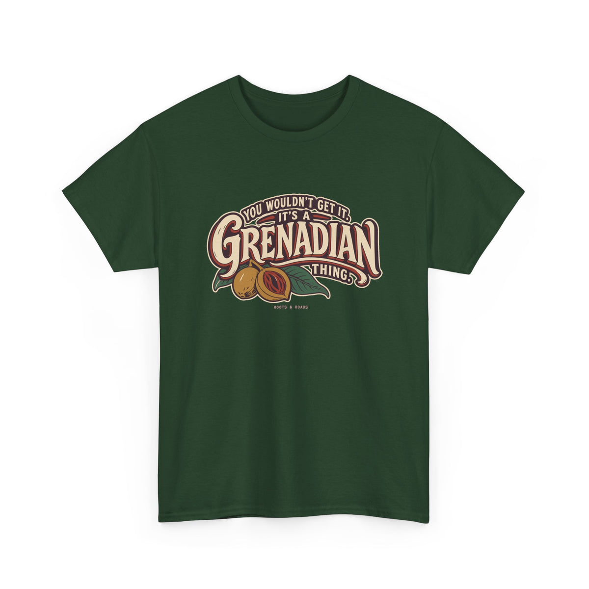 Forest Green Grenada Grenadian Thing T-Shirt, draped front view, with sweeping vintage Grenadian lettering, nutmeg, red mace and leaves
