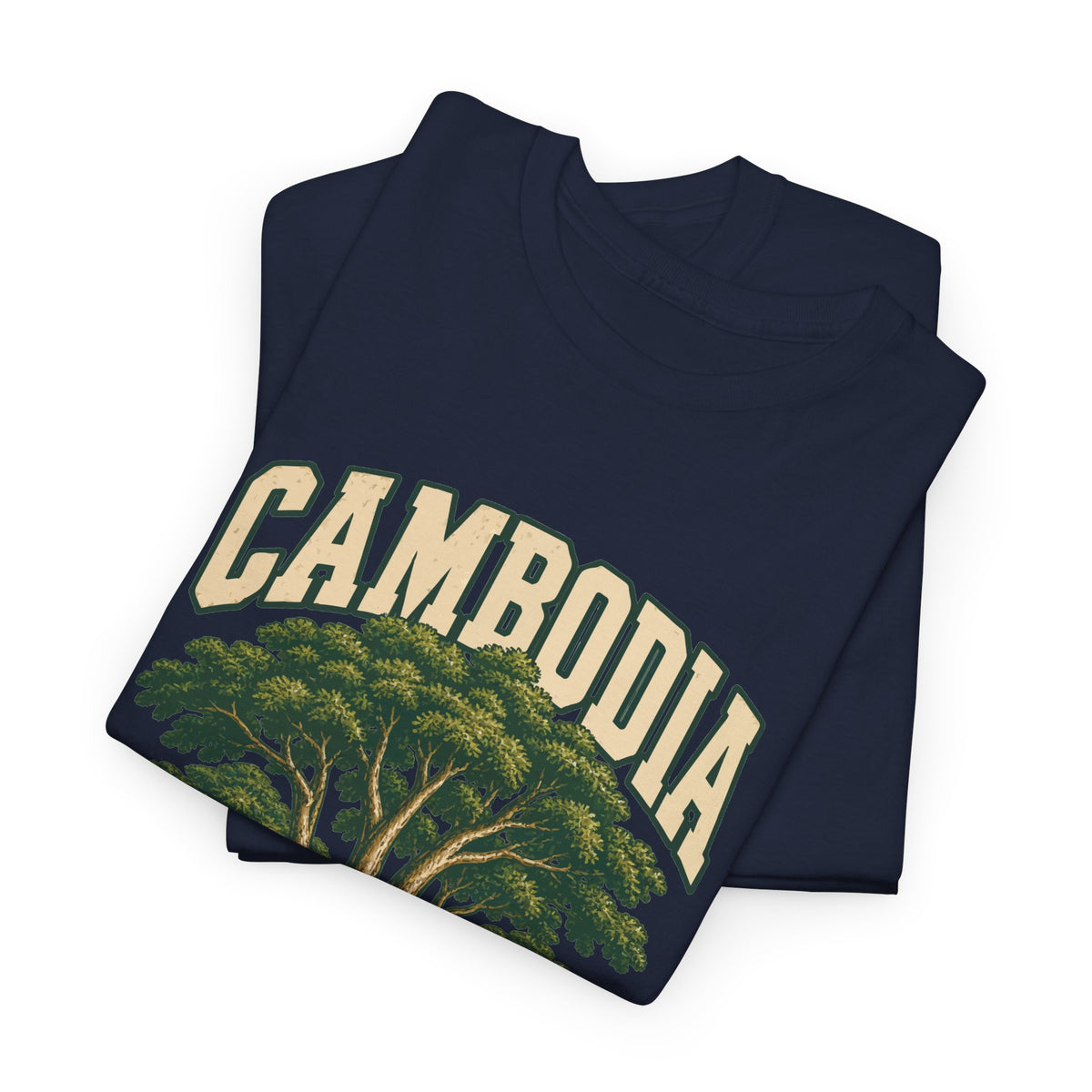 Folded Navy Cambodia Fresh Prints T-shirt showing cream CAMBODIA lettering above the broad green canopy of a wetland tree.