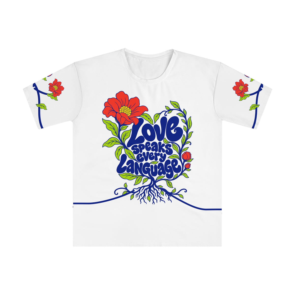 Front of the Roots & Roads “Love speaks every language” T-shirt with cobalt bubble lettering, a coral bloom, buds, lime leaves and roots on white.