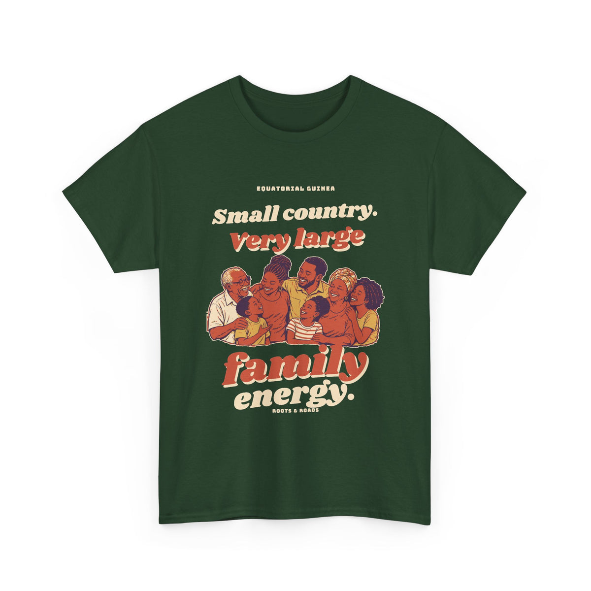 Equatorial Guinea Large Family Energy T-Shirt — Forest Green — front vintage family illustration by Roots & Roads