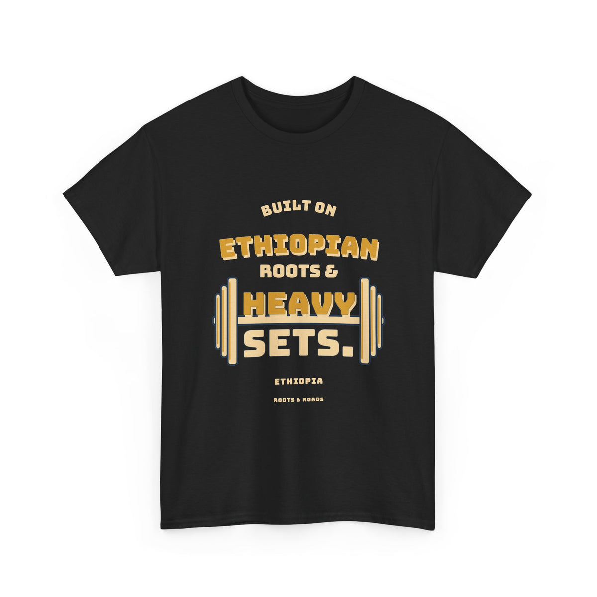 Black Ethiopia Heavy Sets Gym T-Shirt with vintage Ethiopian roots lettering and integrated weight plates, front view.