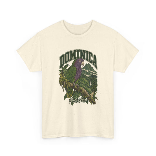 Front view of a Natural Gildan 5000 T-shirt with green DOMINICA lettering, a purple-and-green Sisserou parrot, rainforest leaves, misty mountains and Roots & Roads script.