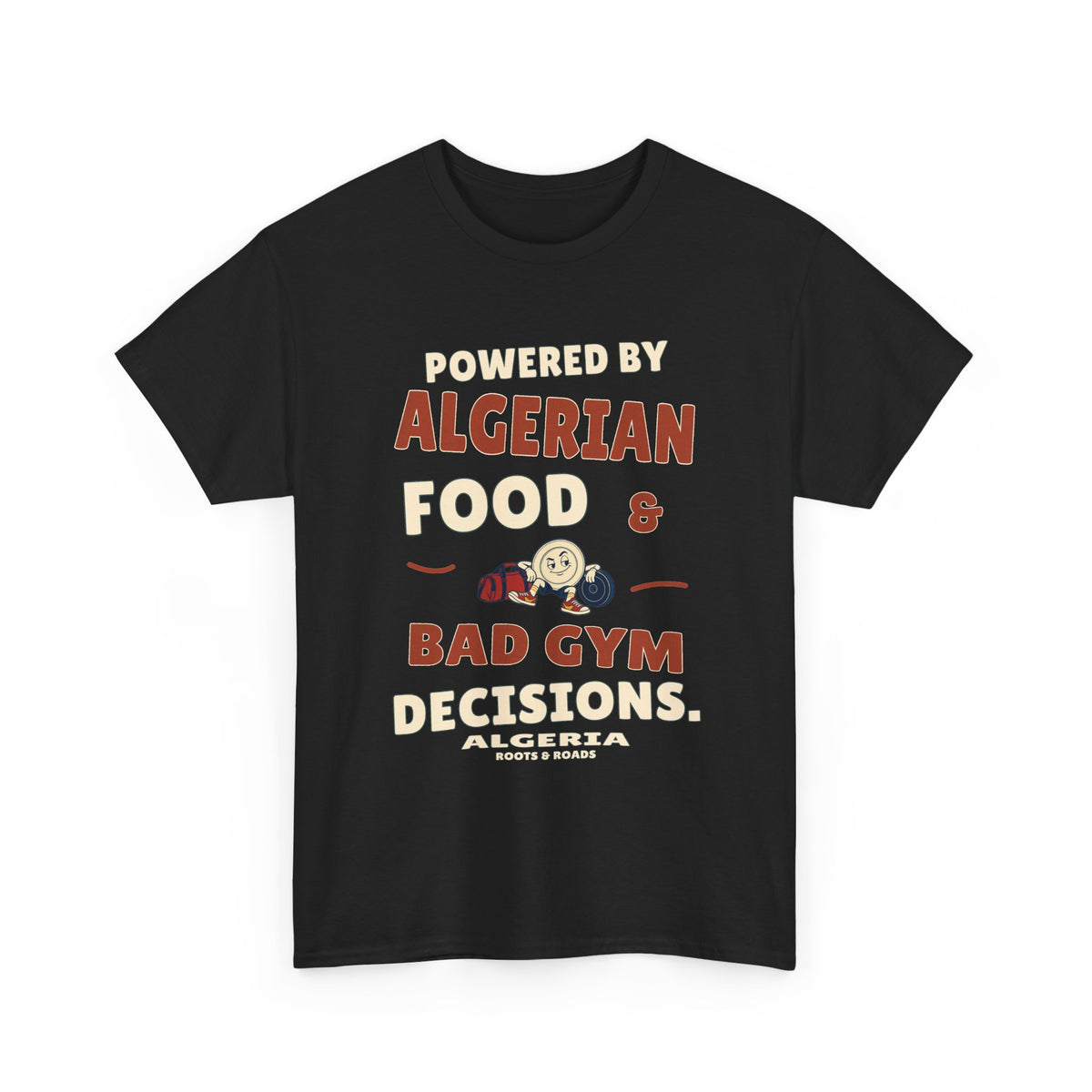 Black Algeria Bad Gym Decisions T-Shirt with “Powered by Algerian food & bad gym decisions.” rounded lettering and plate mascot, front view.