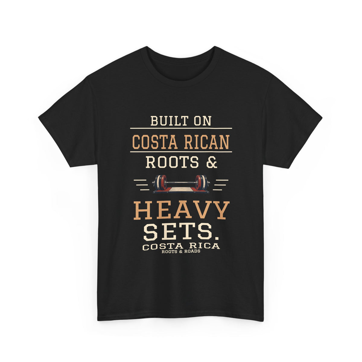 Costa Rica Heavy Sets Gym T-Shirt in Black — Built on Costa Rican roots & heavy sets.