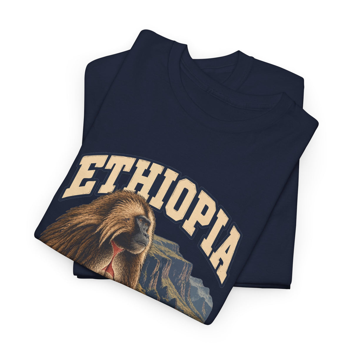 Folded Navy Ethiopia Fresh Prints T-shirt showing cream ETHIOPIA lettering and the upper part of its country illustration.