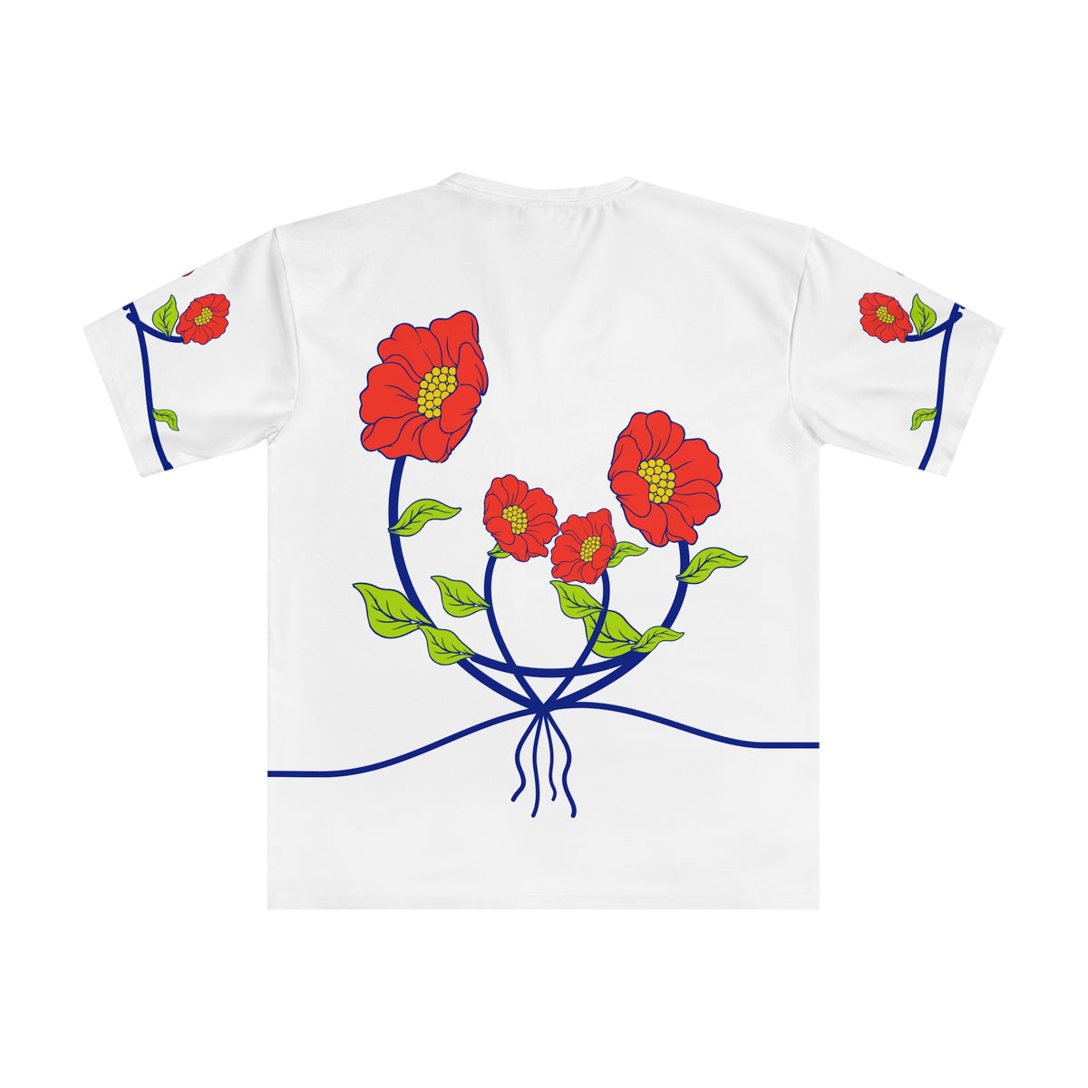 Back of the Roots & Roads “Belonging in two places at once·” T-shirt with four coral flowers on curved cobalt stems, lime leaves and roots.