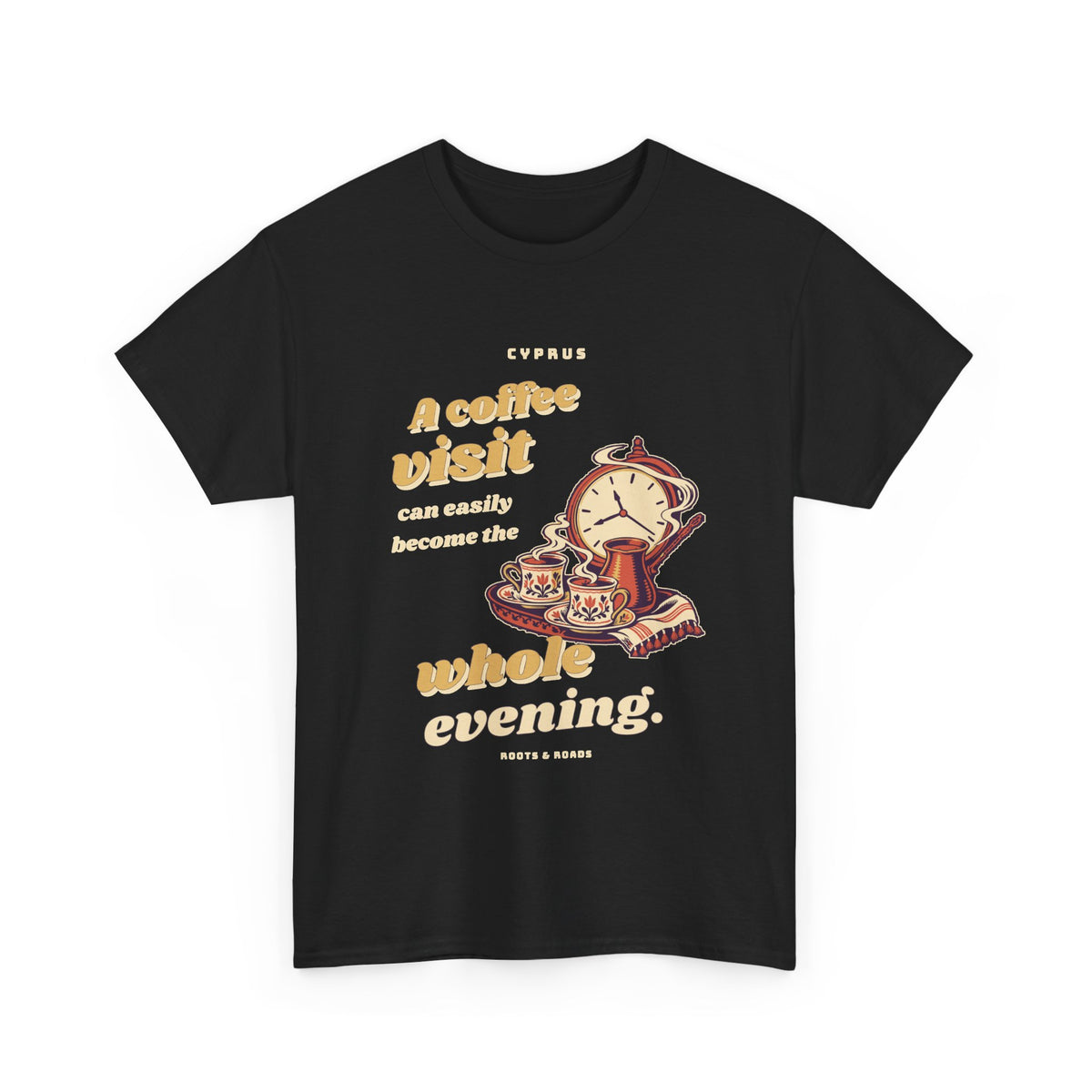 Cyprus Coffee Visit Whole Evening T-Shirt in Black, front view with vintage lettering, coffee cups and an evening clock — Roots & Roads.