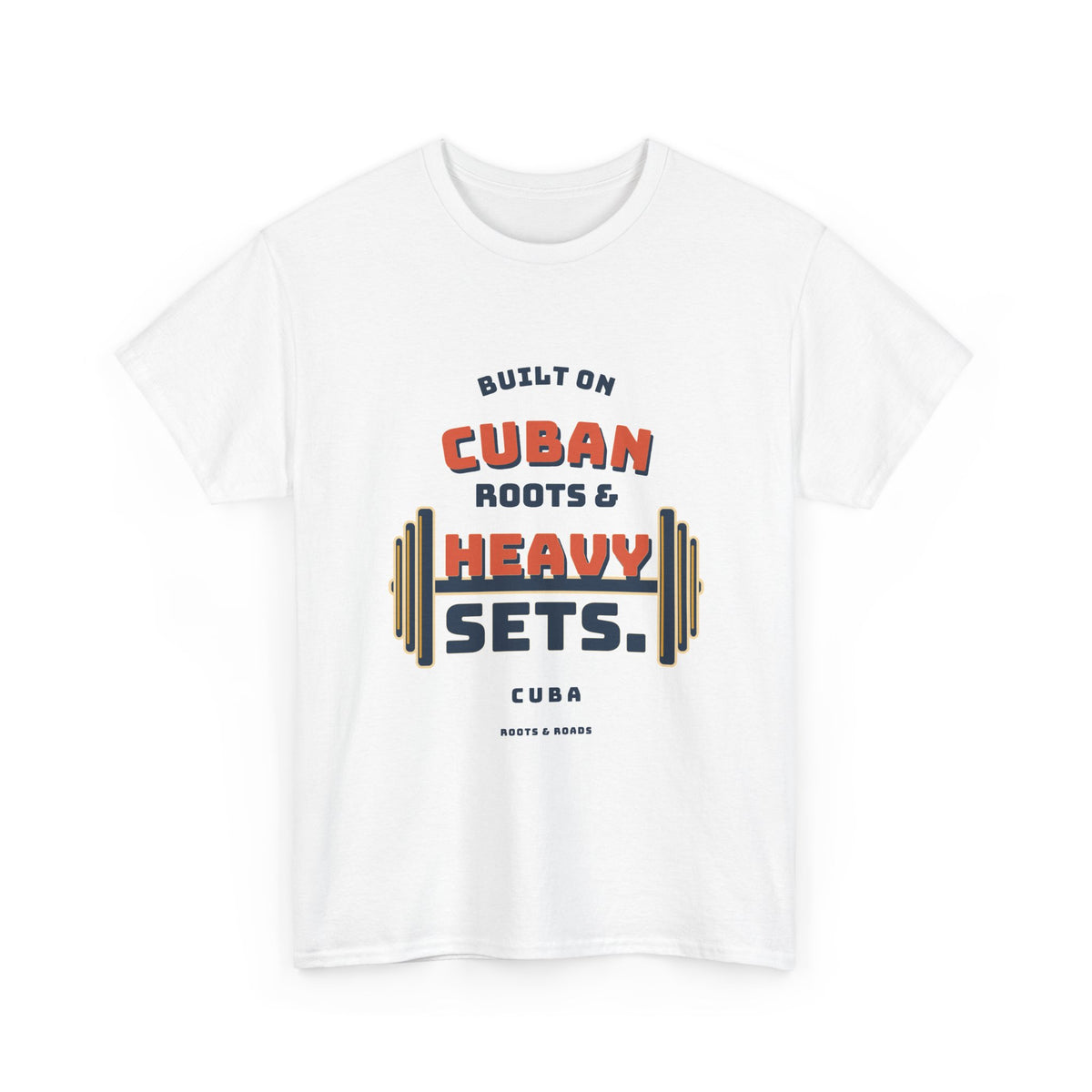Cuba Heavy Sets Gym T-Shirt in White, front view with layered vintage athletic lettering and integrated weight plates — Roots & Roads.