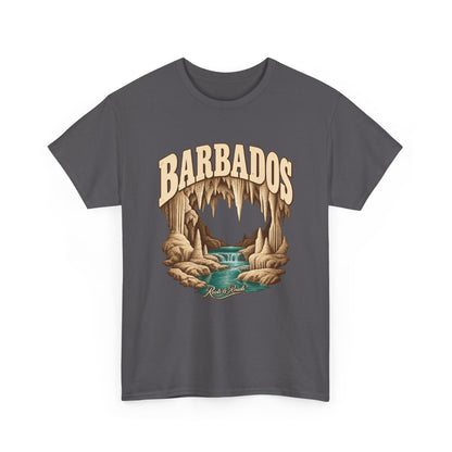 Front view of a Charcoal Gildan 5000 T-shirt with cream BARBADOS lettering, warm limestone cave formations, a turquoise stream and Roots & Roads script.