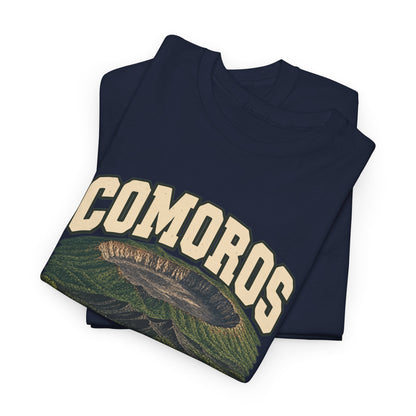 Folded Navy Comoros Fresh Prints T-shirt showing cream COMOROS lettering above a volcanic caldera.